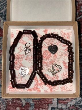 Handmade Brown Wooden Beaded Stretch Bracelet Set of 2 & 4 Silver Heart Charms